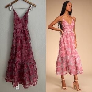 Lulu's Pink Floral Midi Dress with Sheer Overlay